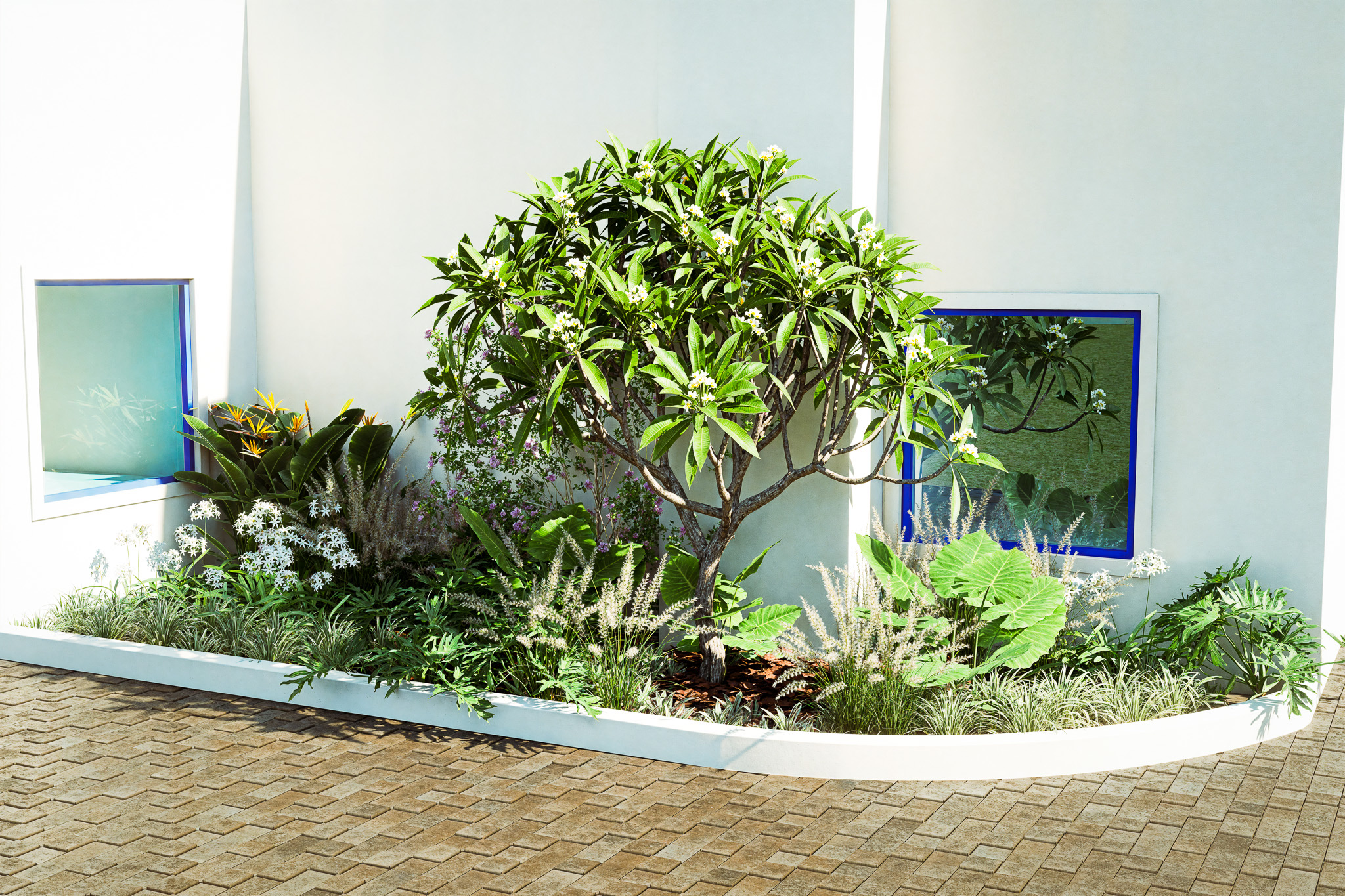 landscape render of Villa Moira, a garden courtyard and pergola